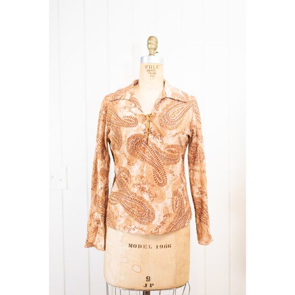 Vintage Y2K Boho Blouse M, Brown Cream Paisley Sheer Lace-Up V-Neck Hippie Shirt - Picture 9 of 13